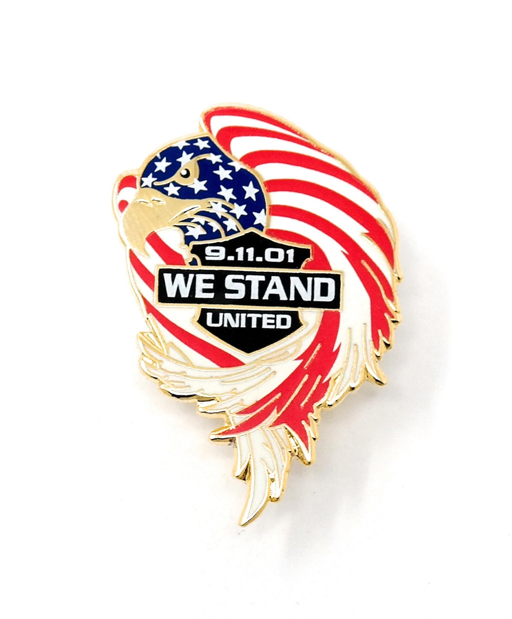 9/11 September 11, 2001 Collectible Commemorative Lapel Pin with an eagle designed with red, white, and blue American flag details, with the words "9.11.01 We Stand United" in a black banner.